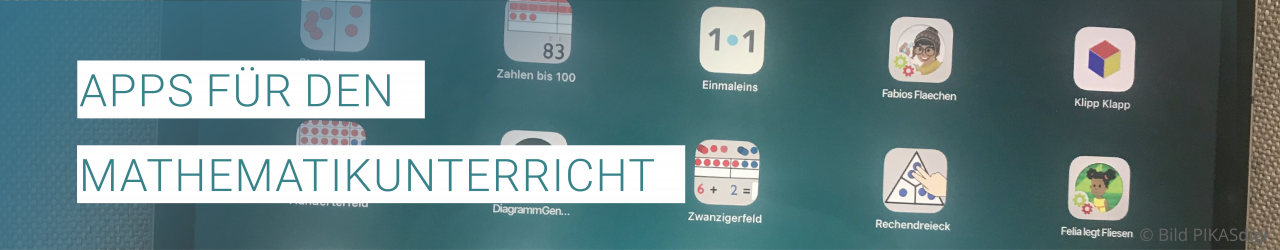 „Apps für den Mathematikunterricht“ Tablet mit Icons verschiedener Apps