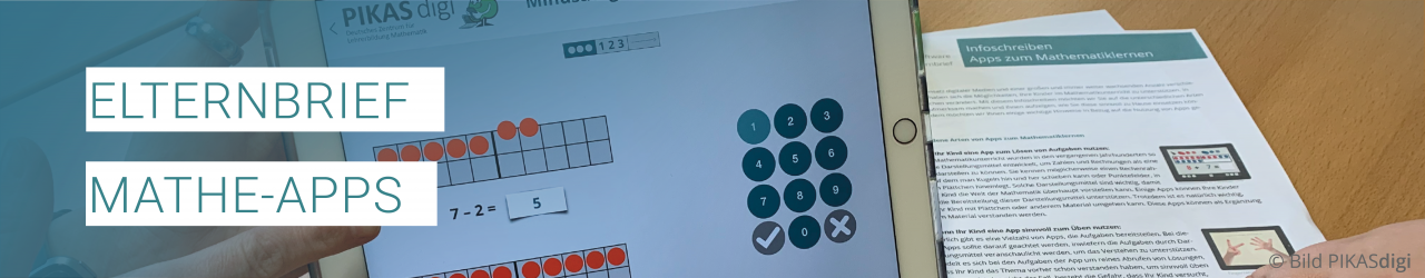 „Elternbrief Mathe-Apps“ Tablet mit geöffneter App und Handreichung zur App ausgedruckt auf dem Tisch